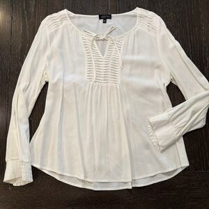 Ivory Long Sleeve Ruched Bib and Shoulder Blouse Back Gathering Peasant Top Boho